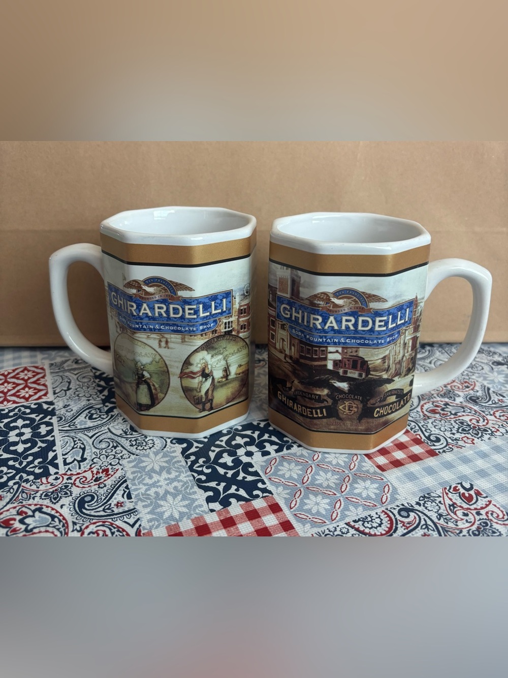 Ghirardelli Scenic Ceramic Mug Set - White and Gold Accents